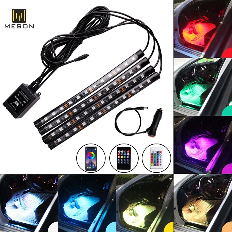 

1Set 4 In 1 RGB LED Strip Lnterior Light Atmosphere Lights With USB/Cigarette Lighter Wireless Remote Music Control Multi-Mode