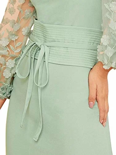 

Shein Women Elegant Mesh Contrast Bishop Mouwen Tie Front Bodycon Jurk