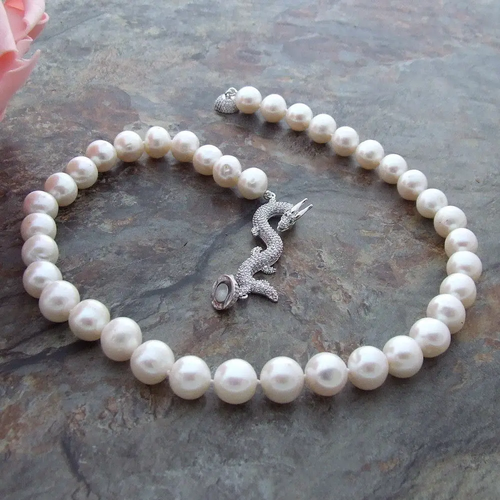 

natural 10mm White sea shell Pearl Necklace CZ dragon Clasp 20"