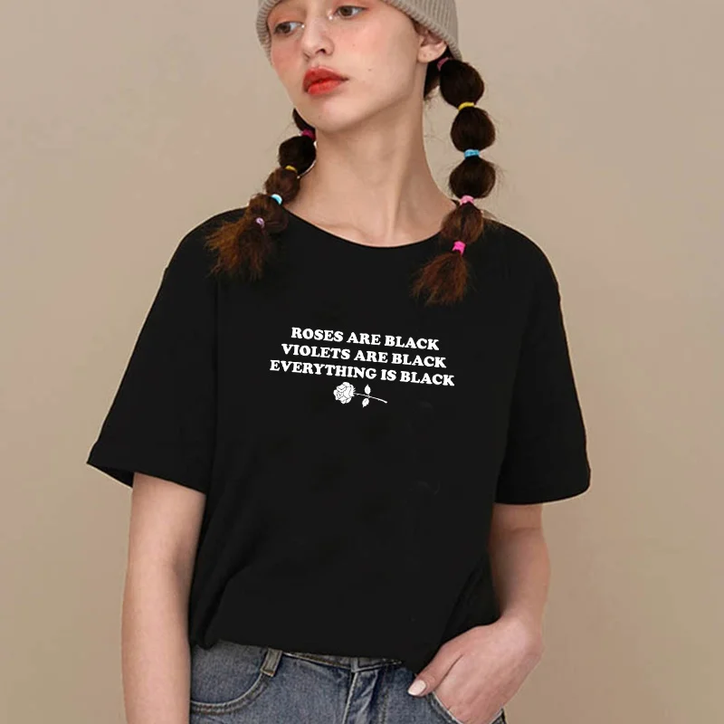 Dreamchase-JF розы черные фиалки черный каждой вещи является Black Rose печатных T рубашка черный живет материя высокой талией на шнуровке