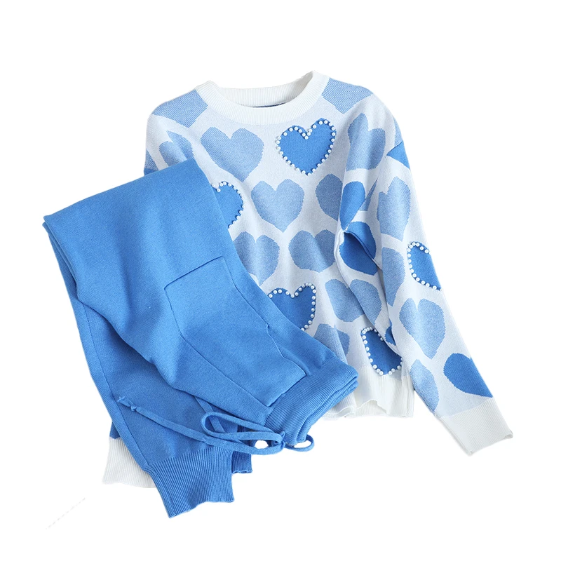 

Sweet Women Sets Two Pieces Knitted Heart Sweaters And Pants Office Lady Elegant Pullovers Pants Suits Top Quality