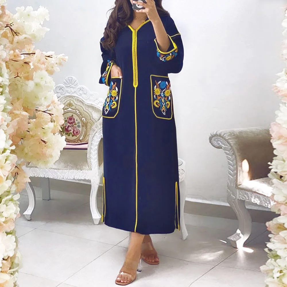 

Muslim Autumn Women Long Dress 2021 Retro Loose Dresses Luxury Vintage Robe Zipper Turkey Party Maxi Femal Vestiods India Islam