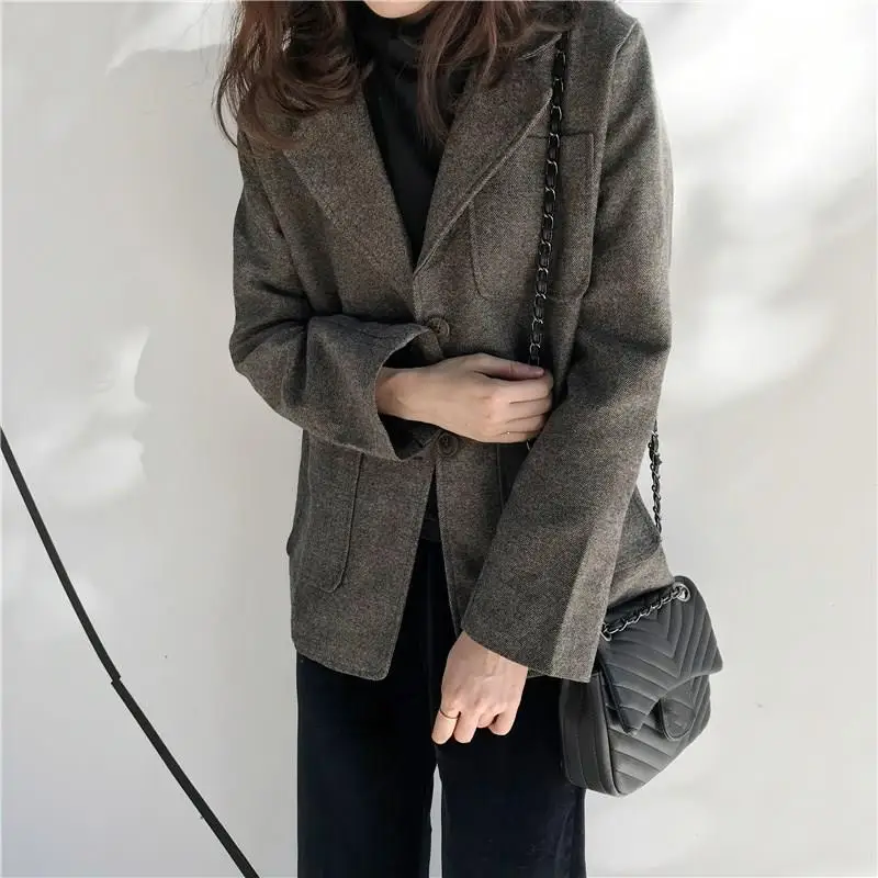 Осенне-зимний Повседневный блейзер с фигурными карманами винтажный шерстяной