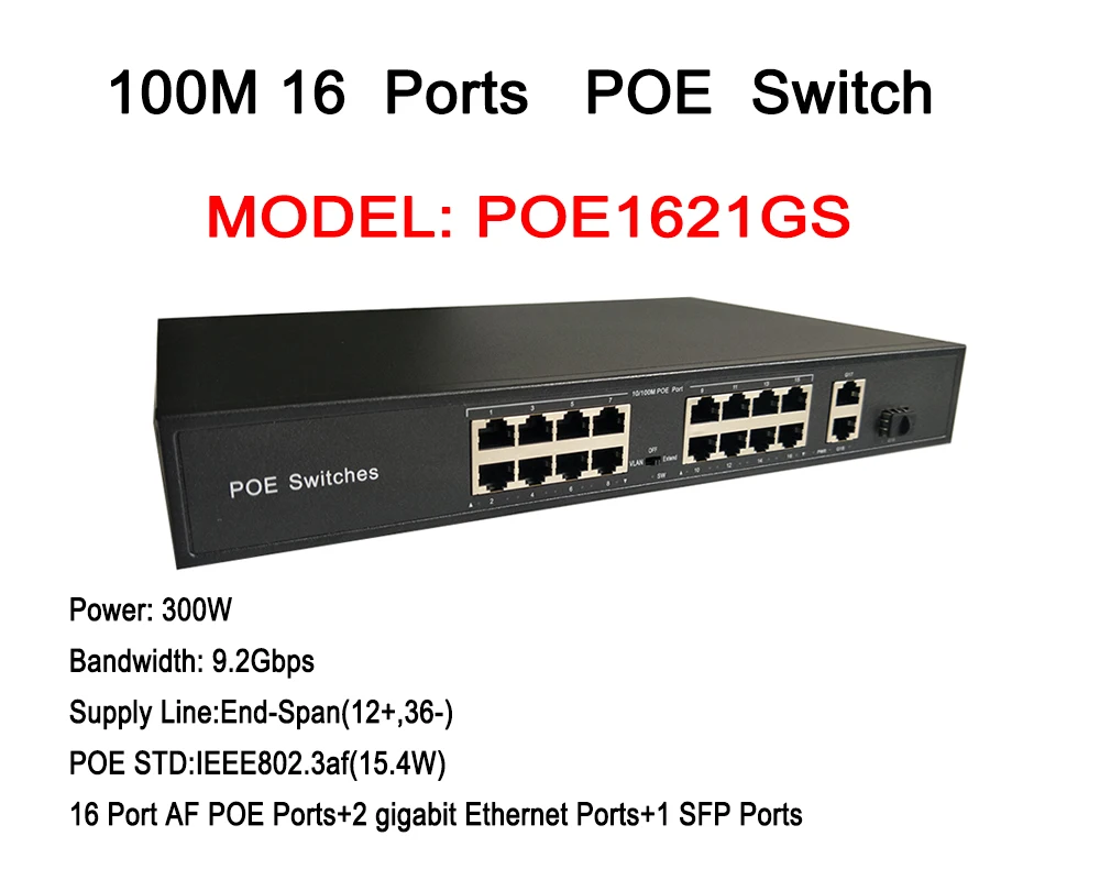 1U Chassis 16 Port POE Switch 2ch Gigabit Uplink Network Ethernet With 1 port 1000M SFP Slot