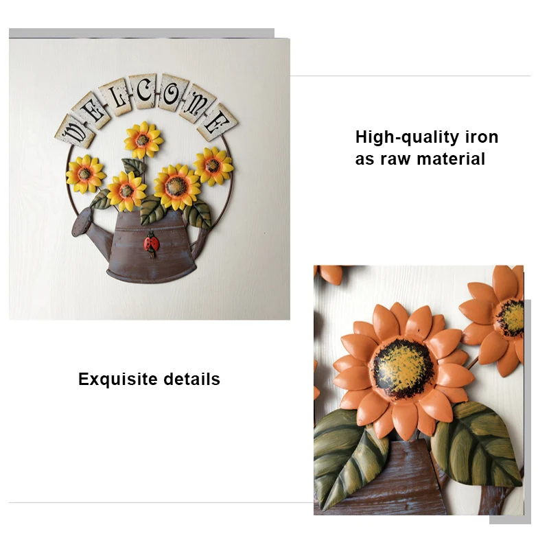 

Pastoral Vintage Metal Wrought Iron Sunflower Hanging Welcome Sign For Front Door Decorations FBS889