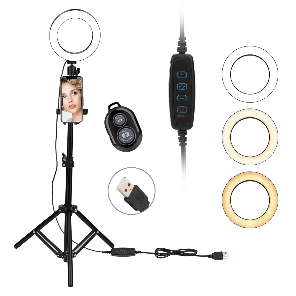 

6" Photography LED Selfie Ring Light Dimmable Camera Phone Ring Lamp With Stand Tripods For Makeup Video Live Studio