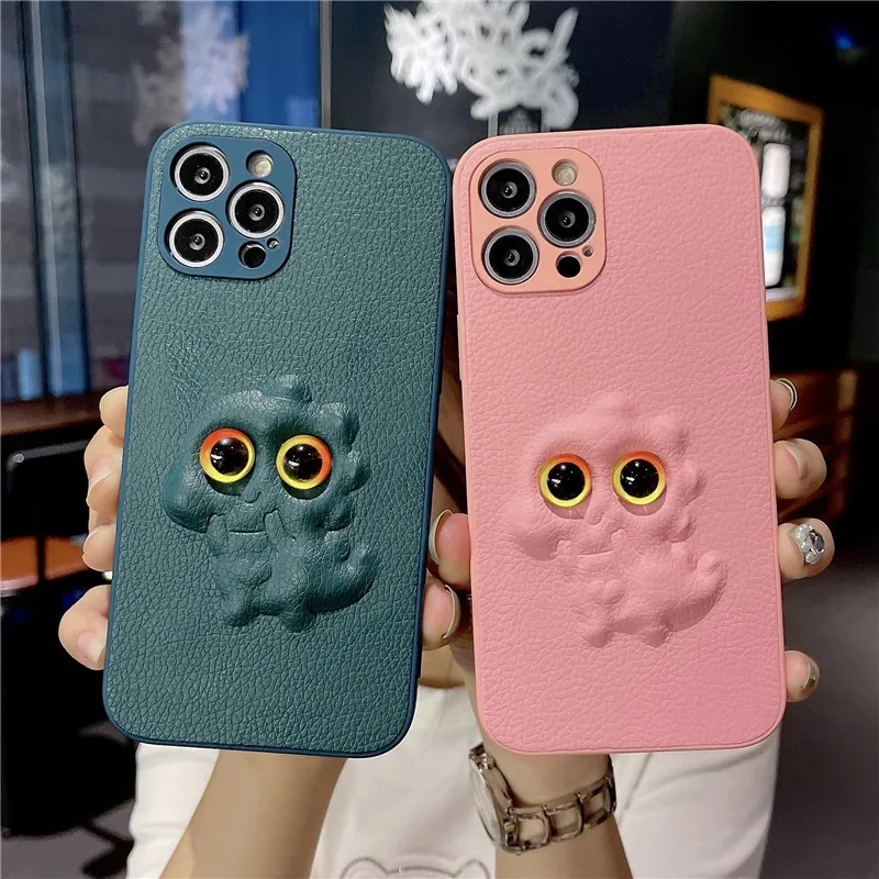 

Cute Stereo Eyes Dinosaur Couple's Soft Case For Iphone 11 12 Pro Max Mini 7 8 Plus Xr X Xs Se 2020 Leather Phone Cover Fundas