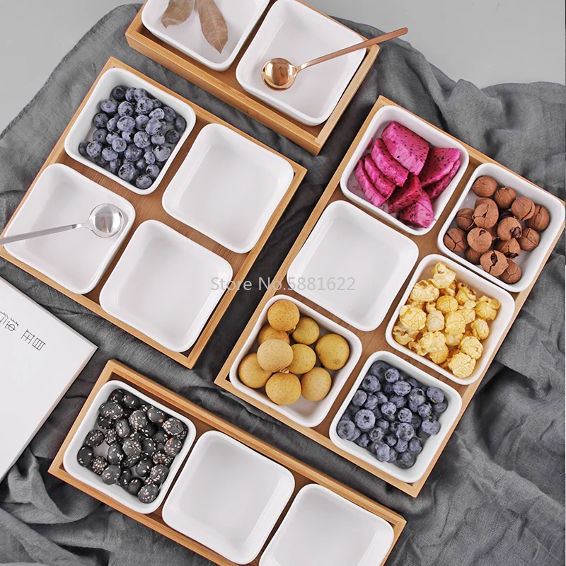 

Creative Ceramic Bamboo Dry Fruit Dessert Tray Multi Grid Plate Home Snack Storage Tray Candy Dried Fruit Foods Dessert Tea Dish