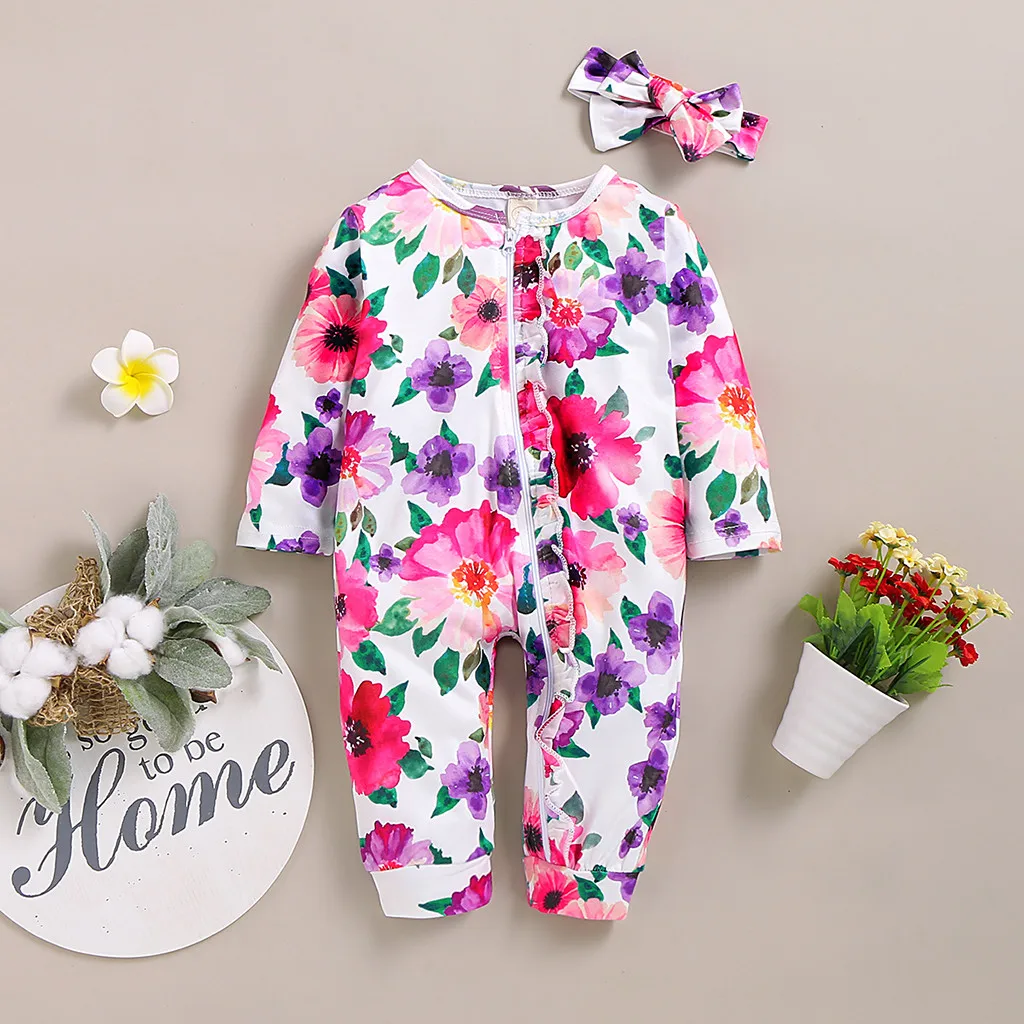 Детский комбинезон с длинным рукавом цветочным принтом|Ромперы| |