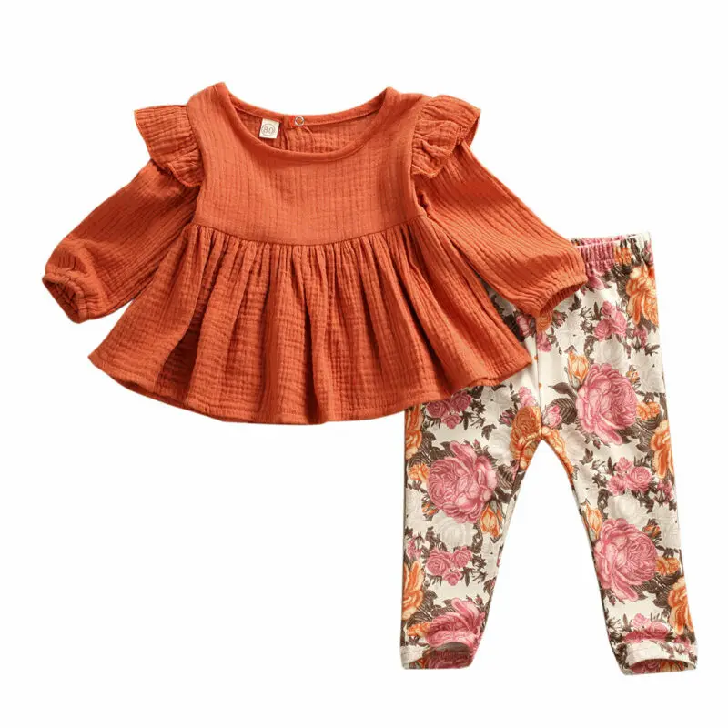 2pcs Newborn Baby Girl Clothes Sets Ruffles Long Sleeve T Shirt Top Flowers Print Pants Leggings Outfits Clothes