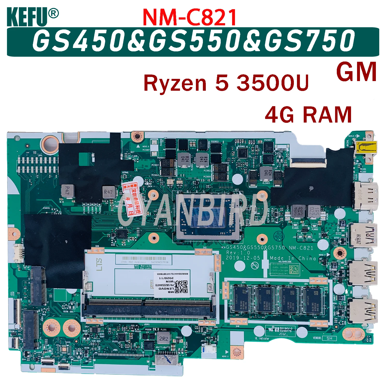 

KEFU NM-C821 Laptop motherboard for Lenovo IdeaPad 3 15ADA05 S145-15API original mainboard 4GB-RAM Ryzen 5 3500U (R5-3500U)