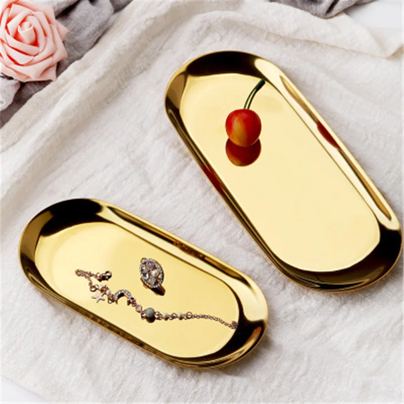 Nordic Style Oval Heart Jewelry Storage Serving Tray Platter Stainless Steel Luxurious Tray Metal Storage Gold Decor Organizer