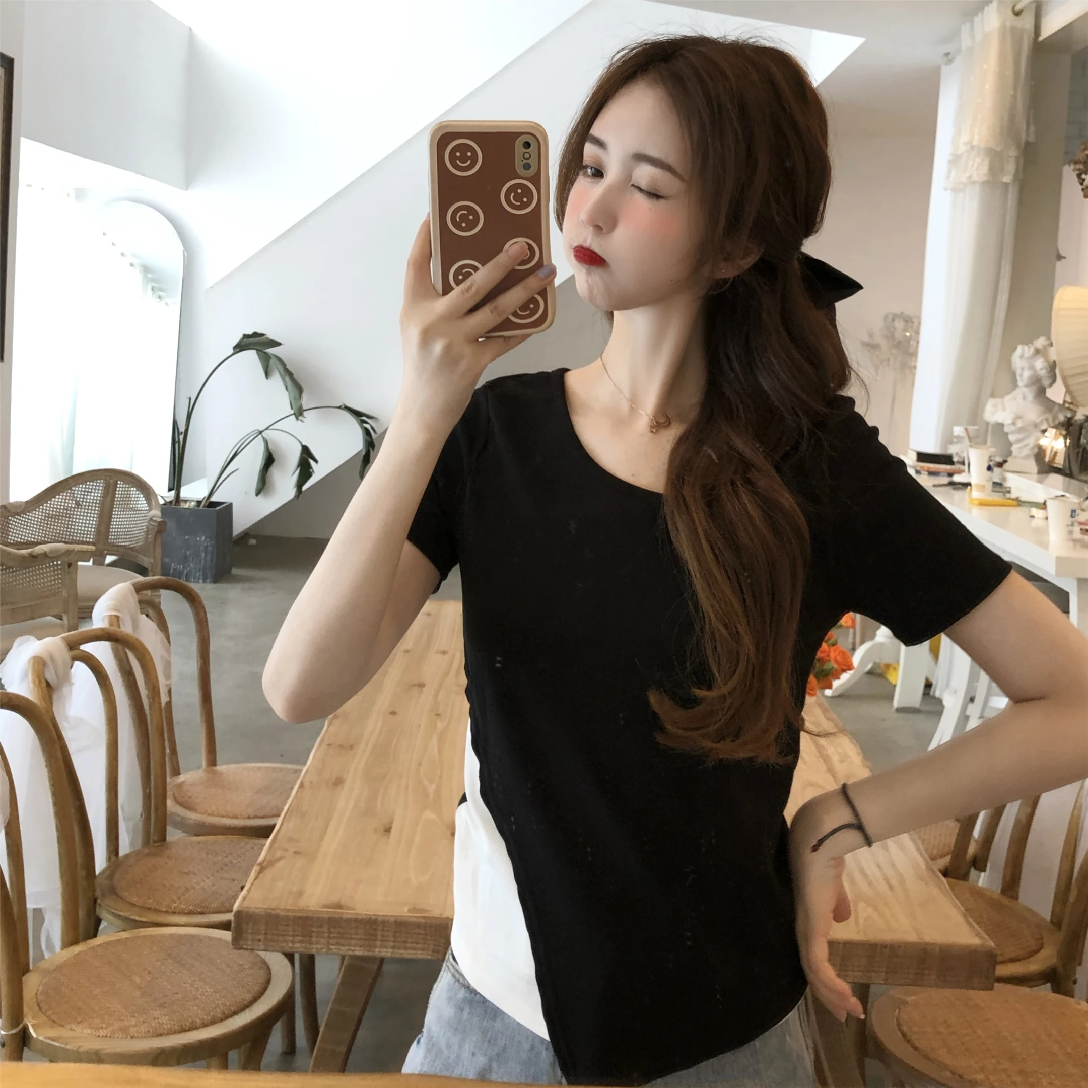 

Summer new Korean version of the wild irregular fake two-piece color short-sleeved T-shirt was thin and bottoming top women