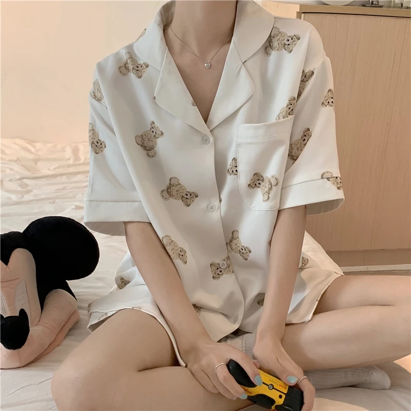 

Kawaii Bear Cartoon Summer Pajamas Set Women Single Breasted Shirts + Shorts Sets Two Piece Home Suit Leisure Cotton Homewear