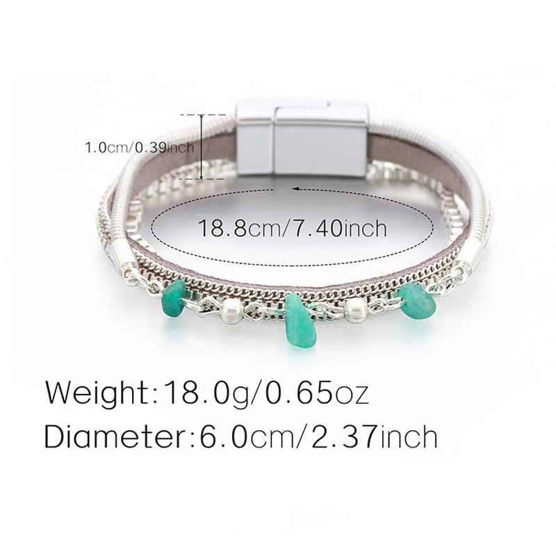 

Amorcome 2021 New Style Women's Bracelet Jewelry Bohemian Green Natural Stone Multilayer Layer Chain Leather Bracelets Female