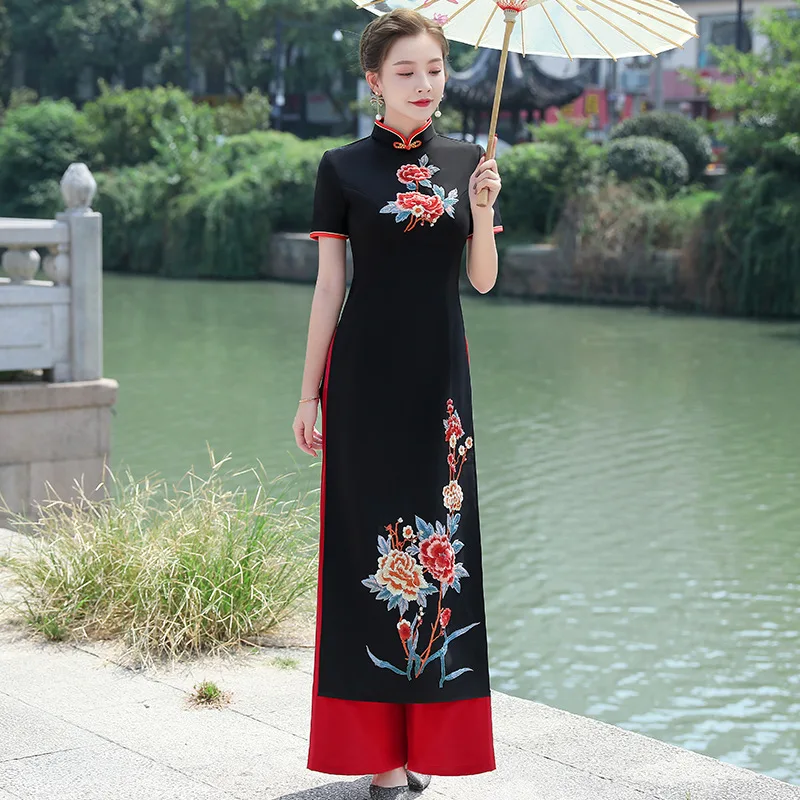 

Черный, Изысканый цветок Аппликации, отделка Новинка Cheongsam женский элегантный китайское платье и штаны, спортивный костюм с воротником "Ман...