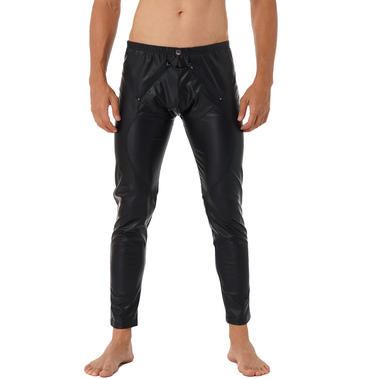 

Adlut Mens Clothing Faux Leather Legging Clubwear for Pole Dancing Elastic Waistband Skinny Leather Pants Zipper Front Trousers