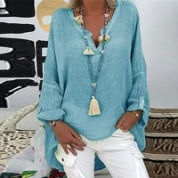 spring and autumn new fashion womens tops large size womens casual long sleeve pure color loose v neck shirt top