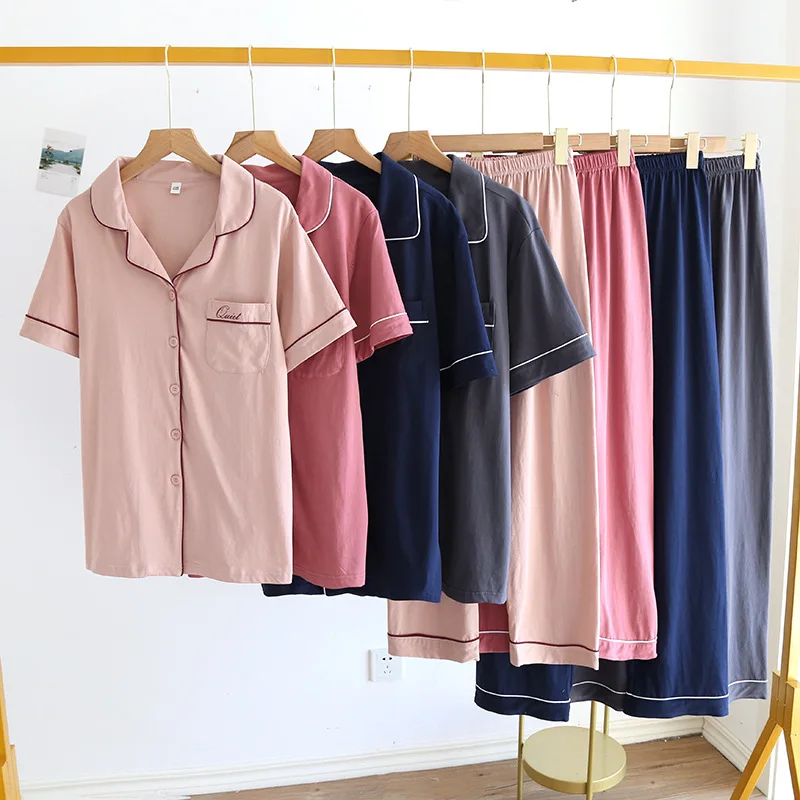 

2023 Spring And Summer Couple Pajamas Two-piece Short-sleeved Nine-point Pants Pure Cotton Female Simple Home Service Set Male