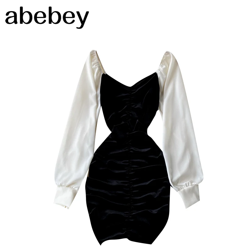 

Retro Splice Velour Dress Women Sexy V Neck Long Sleeve Ruched Slim Dresses Autumn French Chic Streetwear Short Dress