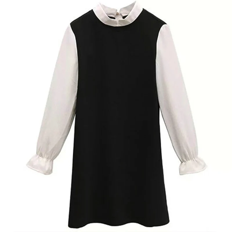 

Linen Dresses Summer Chic Patchwork Black Mini Dress Plus Size Long Sleeve Stand Collar Slim A-Line Contrast Color Office Dress
