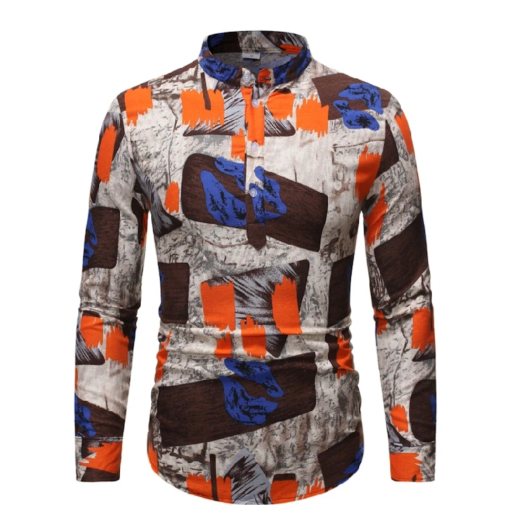 Мужская льняная рубашка с воротником стойкой желтая камуфляжная на пуговицах