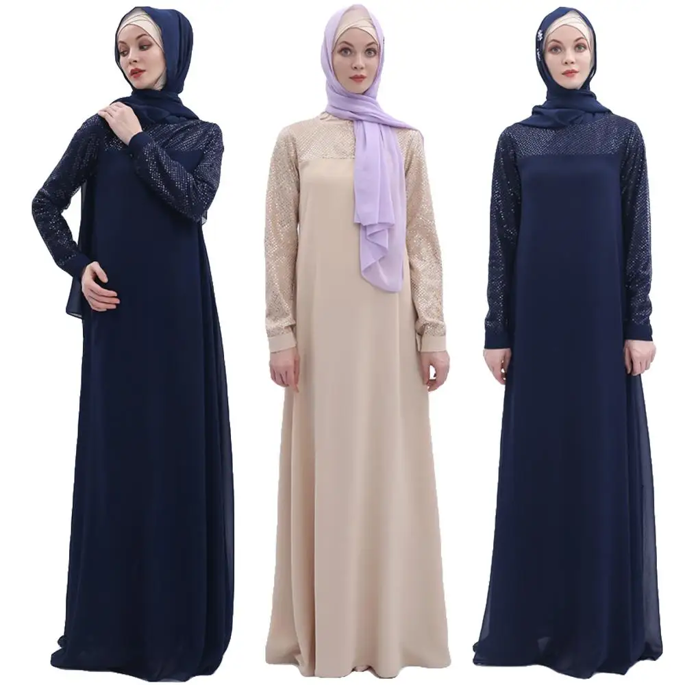 

Muslim Women Dress Long Sleeve Maxi Kaftan Sequin Patchwork Islamic Long Maxi Robes Chiffon Dubai Turkish Clothing Middle East