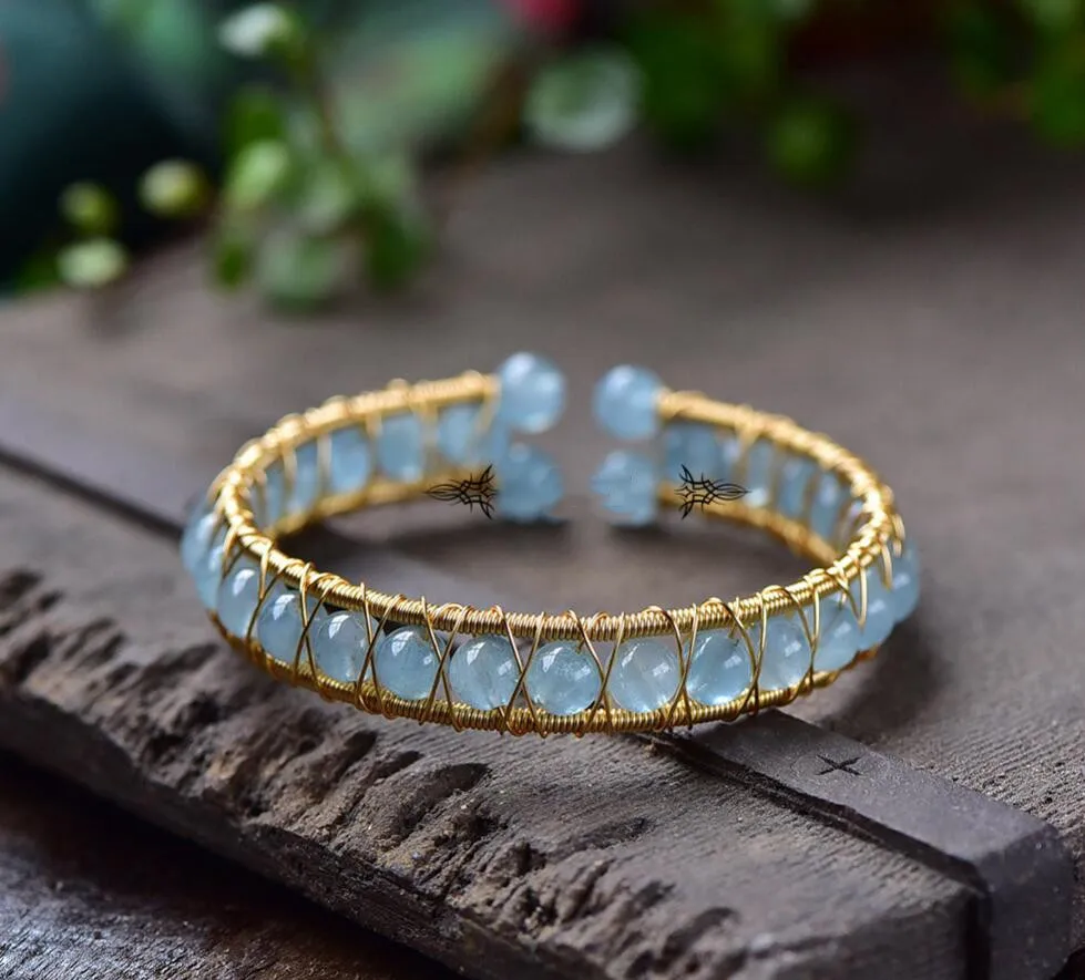 

Natural Aquamarine 14k Gold Covered Full Beads 6mm Crystal Bracelet