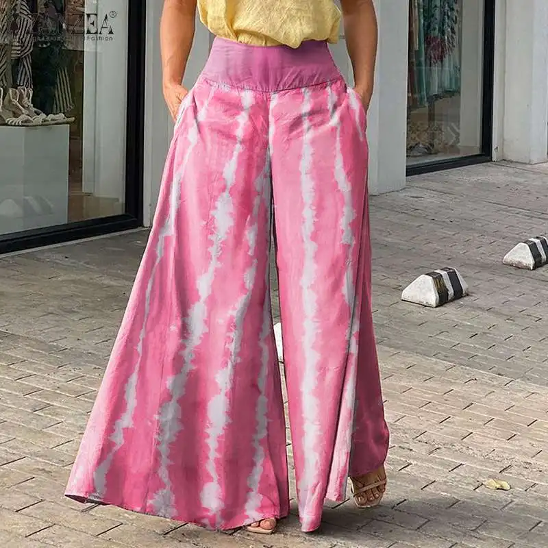 

Модные женские широкие брюки 2021, летние полосатые брюки-макси, повседневные эластичные брюки с высокой талией и карманами