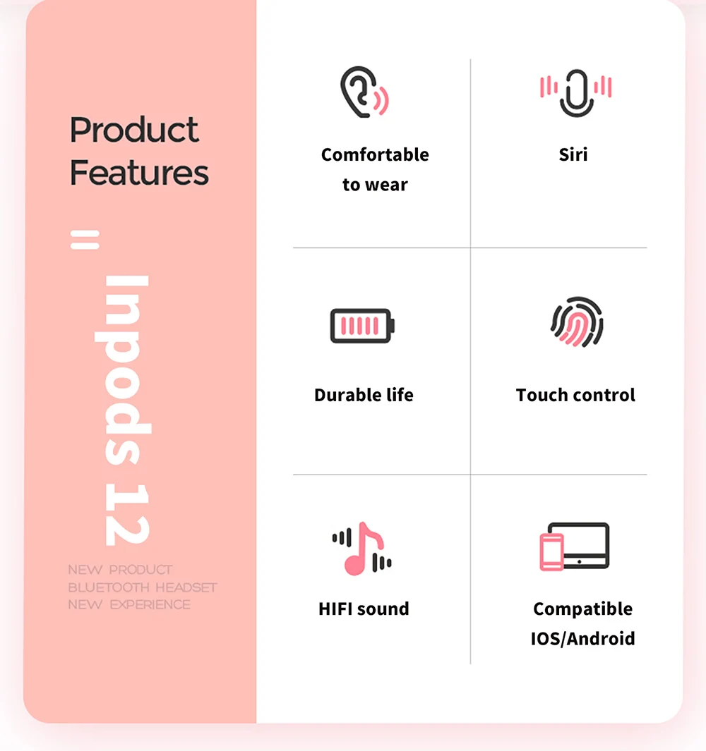 Inpods 12 inpods12 UP Version i12 матовые Беспроводные наушники с Bluetooth 5,0, наушники с супер басами, наушники i7s i9s i11 i12 Tws