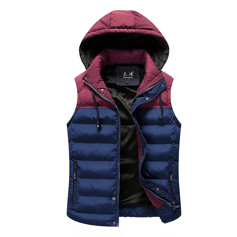 New Fashion Vest Jacket Men Winter Hooded Sleeveless Waistcoat Blue Red Matching Slim Warm Thick Hommes Vests Plus Size Clothing | Мужская