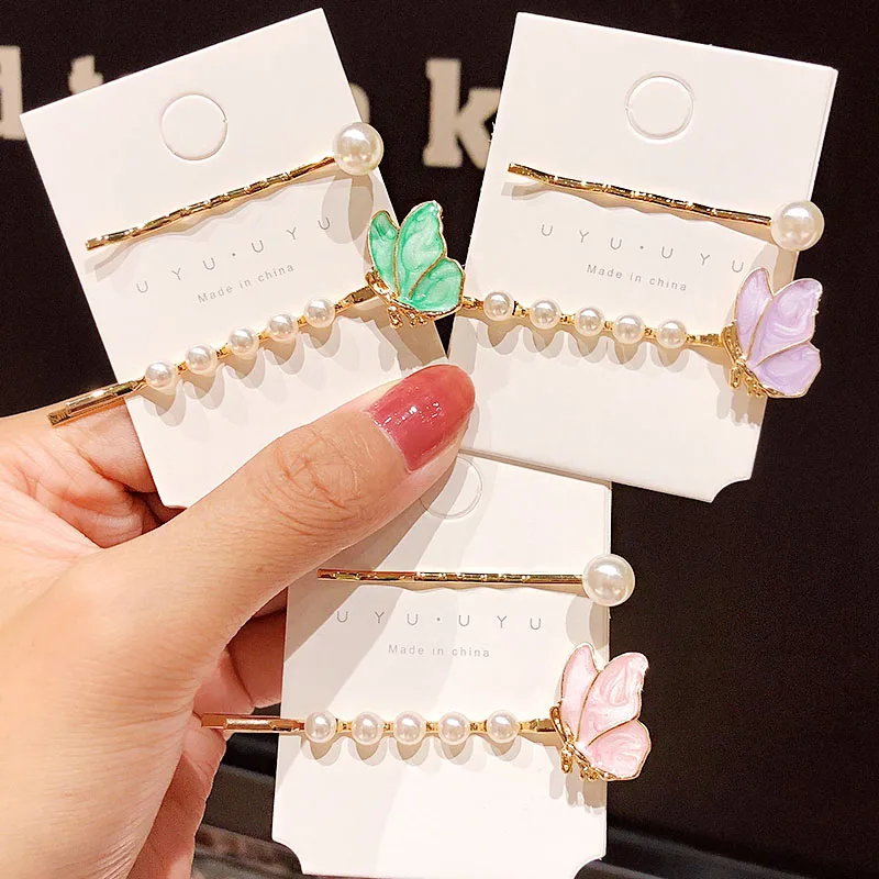 Заколки для волос 2 шт./компл. красивые заколки с жемчужинами и бабочками модные