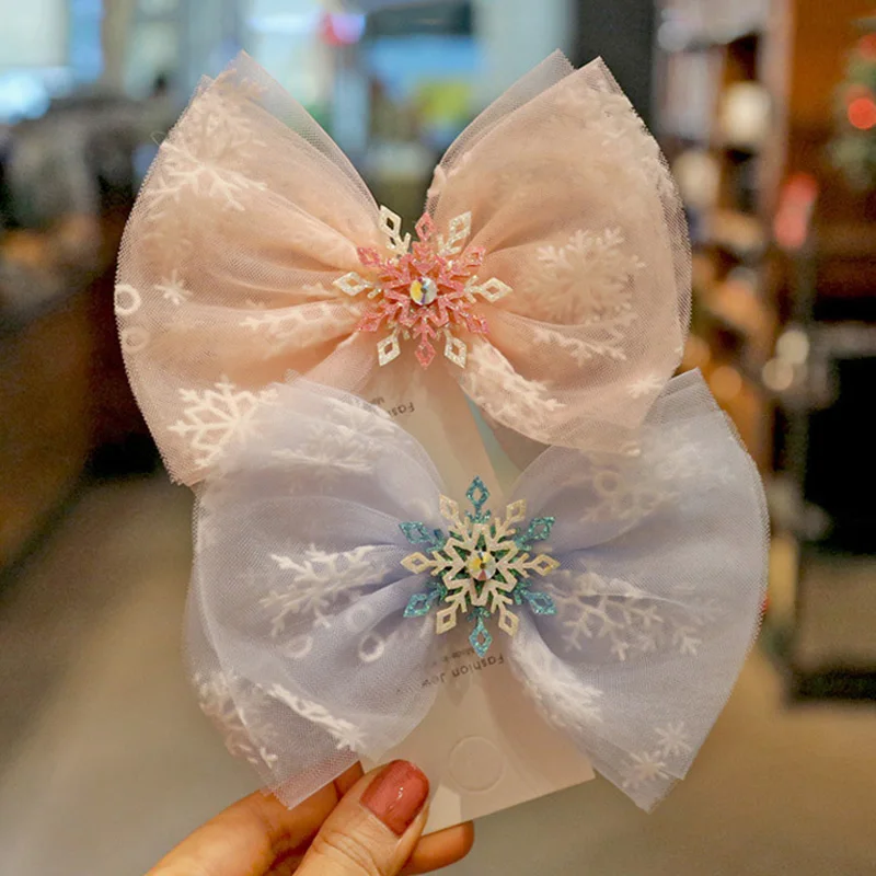 Сетчатые банты для волос со снежинками девочек яркие цвета заколки ручной работы