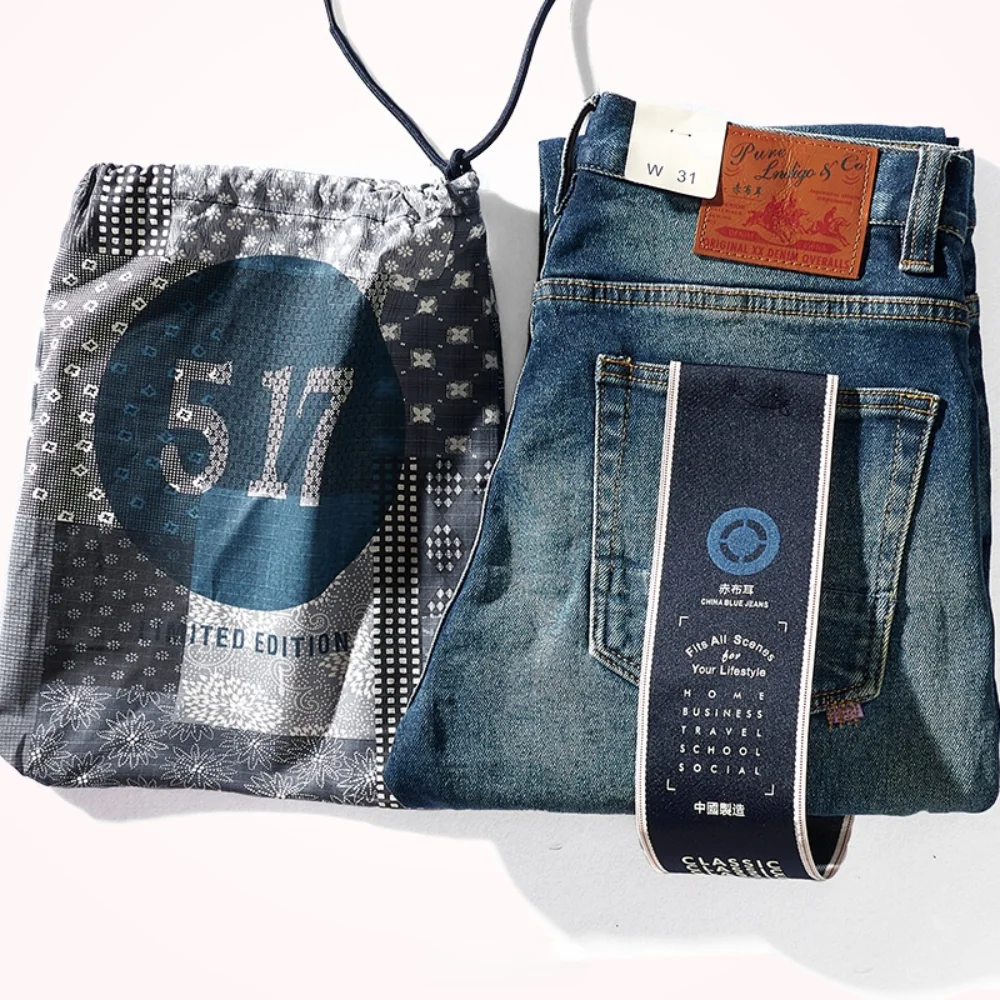 Autumn and Winter Thick Stretch Worn Looking Washed-out Jeans Men 's American Straight -Leg Trousers