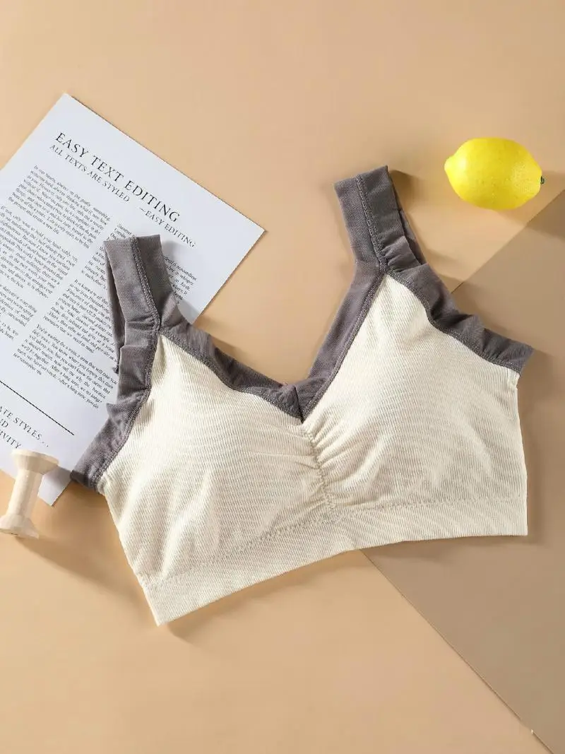 

ATHVOTAR New Women Lace Stripes Brassiere Tube Top Soft Patchwork Padded Wirewless Lingerie Crop Brassiere Underwear 2021