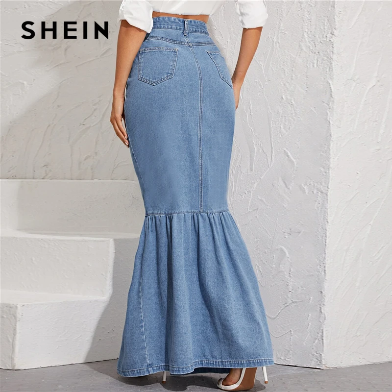 SHEIN, синяя джинсовая юбка макси с пуговицами спереди, рыбий хвост, Женская Осенняя юбка с карманами, высокая талия, вечерние, повседневные, облегающие, облегающие, Юбки Русалки