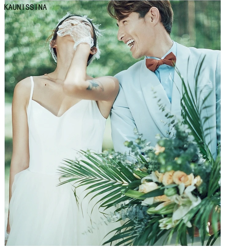 

KAUNISSINA New Fashion Bridal Gowns Women Spaghetti Straps Sleeveless Simple Wedding Dresses Long A-Line Bride Marriage Dress