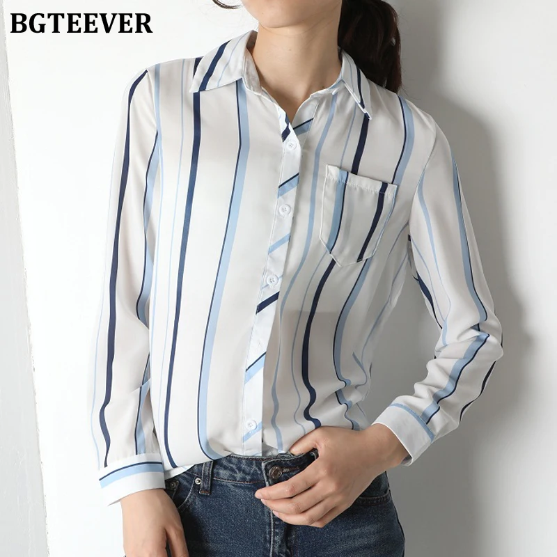 BGTEEVER повседневные полосатые шифоновые женские блузки один карман Рубашки Топы