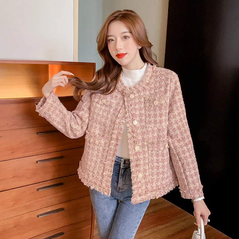 

Куртка твидовая Женская шерстяная, элегантный модный пиджак в винтажном стиле, однобортный жакет в стиле ретро, верхняя одежда в Корейском ...