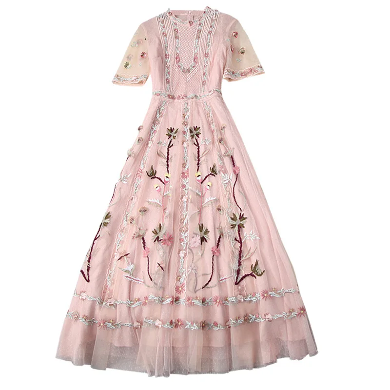 

High Quality Pink Floral Embroidery Mesh Long Party Dresses Women Runway Elegant O-neck Short Sleeve Pleated Maxi Dress 2020
