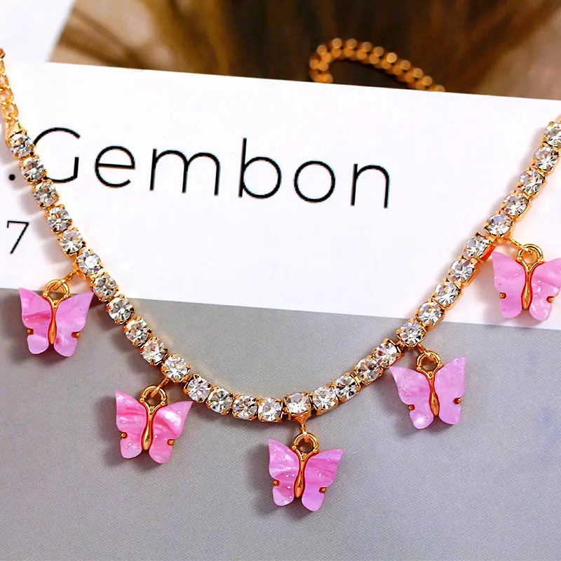 

Trend Cute Pink Acrylic Butterfly Tennis Anklet Bracelet For Women Butterfly Crystal Rhinestone Ankle Chain Beach Foot Jewelry