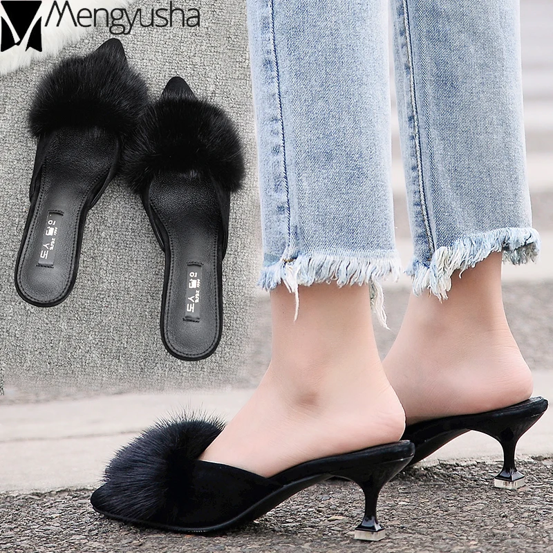 Мюли женские с острым носком бархатные туфли-лодочки на тонком высоком каблуке