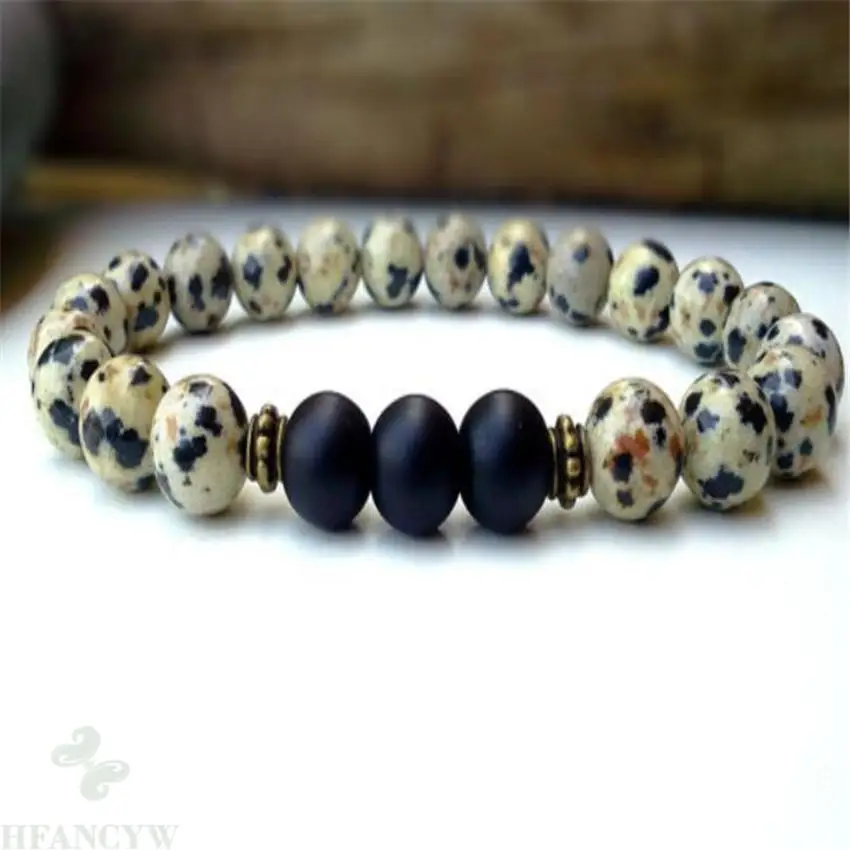 

8mm Spotted Stone Agate Gemstone Mala Bracelet 7.5 inches Reiki Lucky Spirituality Pray Chakras Yoga Monk Gemstone Sutra