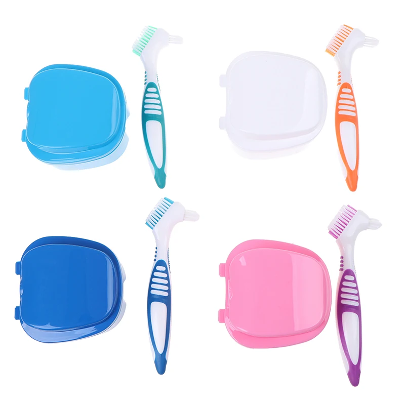 

1set Denture Box And Brush Set Retainer Cleanning Denture Case Brush Toothbrush