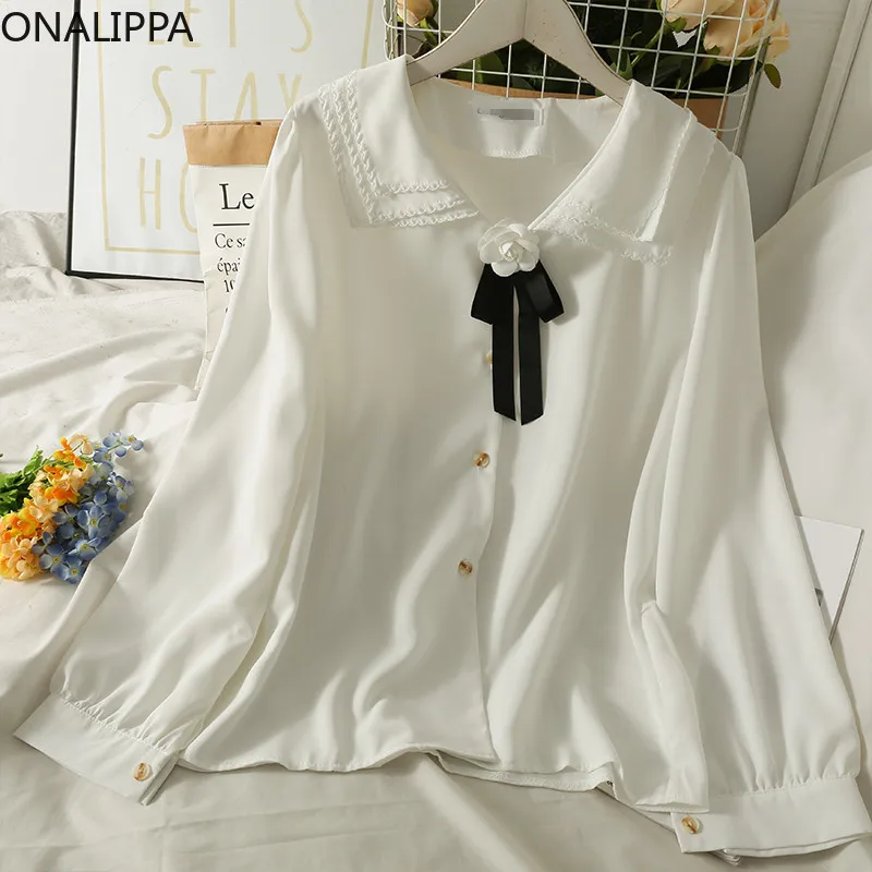

ONALIPPA Women Blouse 2021 Autumn Bowknot Three-dimensional Flower Lapel Single Breasted Sweet Fairy Loose Thin Bottomed Shirt