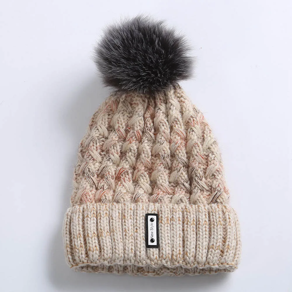 Khaki Knitted Cap FS стиль зимние шапки для женщин Мех животных Pom Beanie вязаный Skullies Красный розовый плюс бархат открытый уха головы теплые шапки с помпоном - Цвет: Khaki Knitted Cap