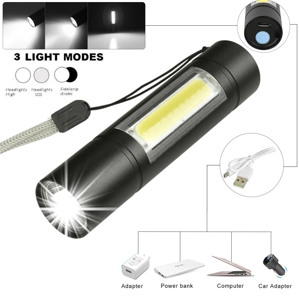 Mini LED Flashlight Built-in 14500 USB Rechargeable Q5+COB 3 Modes Torch Linterna Fishing Light Hunting Lamp | Лампы и освещение