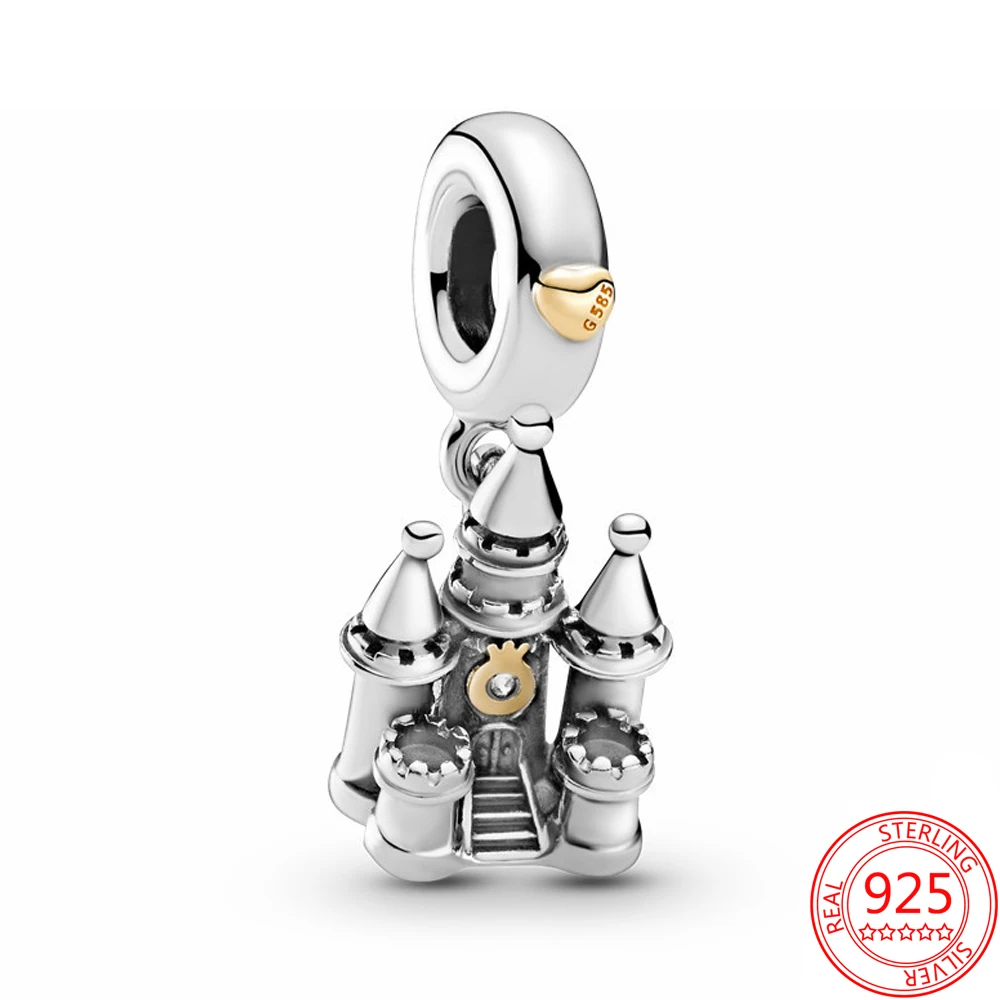 

New 100% 925 Sterling Silver Two-tone Castle Women Charms Pendant Fit Original Pandora Bracelet Necklace Fashion Jewelry Gift