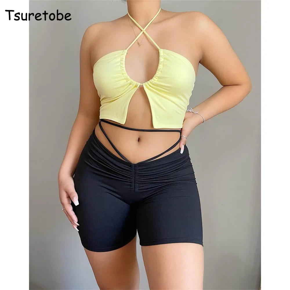 

Tsuretobe Sexy Bandage Shorts Women Streetwear Hollow Out Pleated Shorts Solid Color High Waist Shorts Summer Clothes For Women