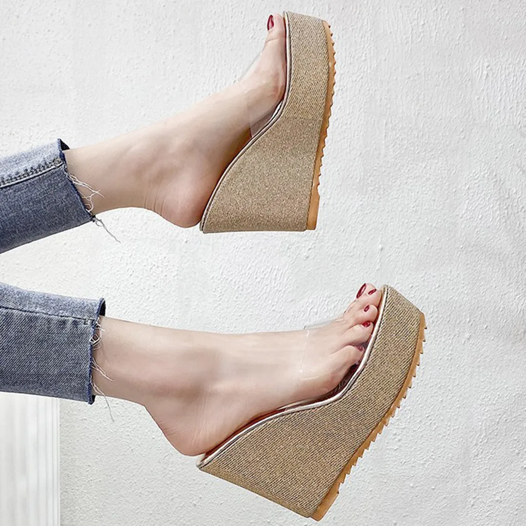 Fashion Transparent Wedges Waterproof Platform Women's Slippers High Heels Women Sandals Slip Ons Beach Casual Ladies Shoes 5.12 | Обувь